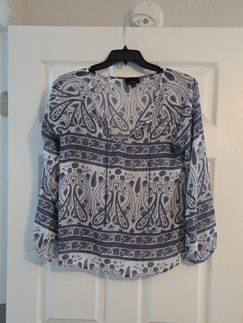Lumiere Navy and White Paisley Tie-Neck Blouse